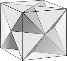 Construction of two demicubes (regular tetrahedra, forming a stella octangula) from a single cube. The halved cube graph of dimension three is the graph of vertices and edges of a single demicube. The halved cube graph of dimension four includes all of the cube vertices and edges, and all of the edges of the two demicubes. CubeAndStel.svg