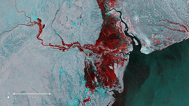 False-color satellite imagery of flooding (depicted in red) on 19 March in the region where Idai made its second landfall