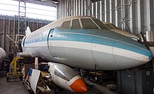 Falcon 30 fuselage in storage at Conservatoire de l'Air et de l'Espace d'Aquitaine in September 2018. Dassault Falcon 30 Prototype (49894518011).jpg