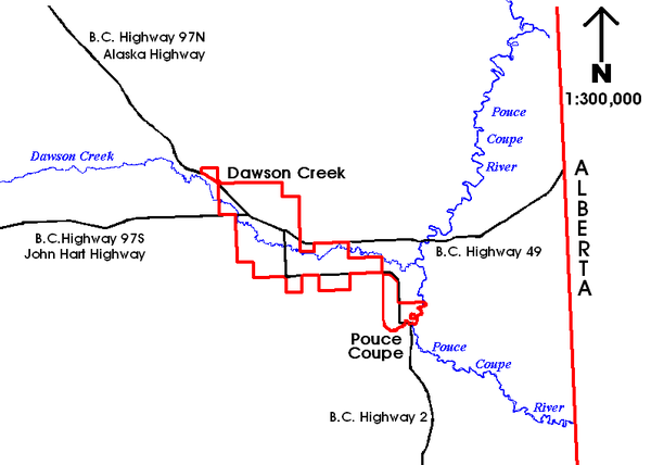 The City of Dawson Creek in relation to the highways and the Dawson Creek watercourse.