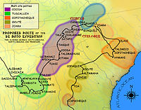 Route of the de Soto expedition through the Coosa chiefdom, based on the Hudson map of 1997 DeSoto Map Leg 2 HRoe 2008.jpg