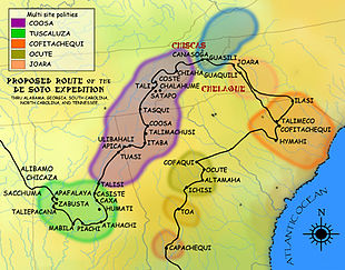 DeSoto's route in what is now Georgia, South Carolina, North Carolina, Tennessee, Alabama, Mississippi and Arkansas; Mabila is in the green circle at lower left. DeSoto Map Leg 2 HRoe 2008.jpg