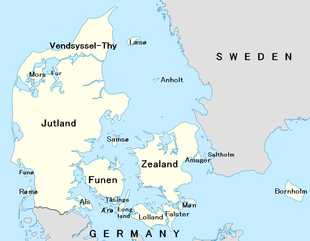 A map showing the Jutland Peninsula and most notable larger islands of Denmark. Denmark islands.PNG