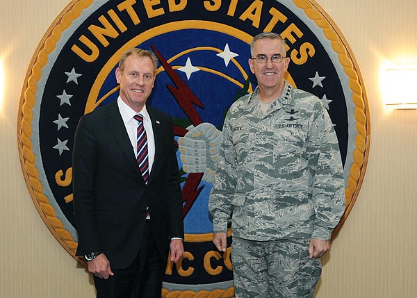 Hyten, commander of the United States Strategic Command, poses for a photo with Deputy Secretary of Defense Patrick M. Shanahan on April 19, 2018.