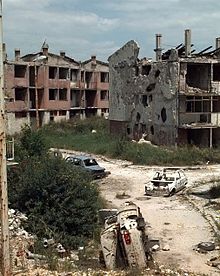 Destruction in Sarajevo's Dobrinja district photographed after the siege Dobrinja in 1996.JPEG