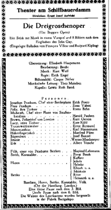 Program till urpremiären 1928. Lotte Lenyas namn har oavsiktligt utelämnats.