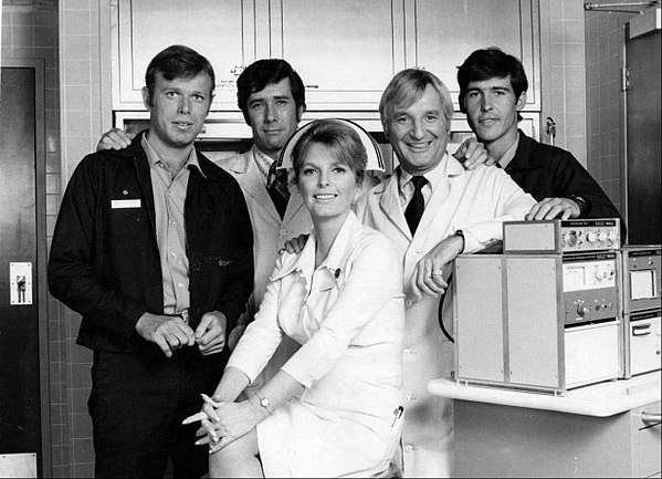 Cast of TV's Emergency! (1973), L-R: Kevin Tighe, Robert Fuller, Julie London, Bobby Troup, and Randolph Mantooth