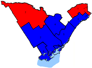 Map of the region's ridings in 1984. Colours show the result from the 1984 election Eo1984.PNG