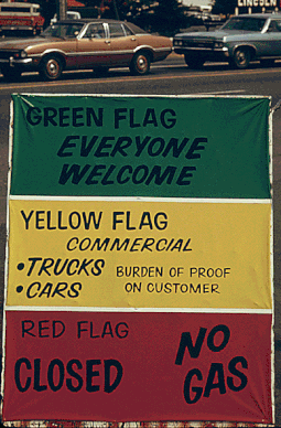 Oregon gasoline dealers displayed signs explaining the flag policy in the winter of 1973-74 FLAG POLICY DURING THE 1973 oil crisis.gif