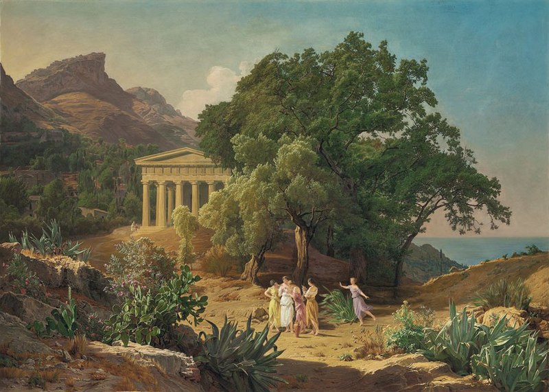 File:Ferdinand Georg Waldmüller - A Doric temple in Sicily with Castelmola and Taormina beyond, 1849.jpg