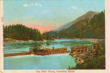 A hand-tinted postcard of a fish wheel on the lower Columbia River around 1910. Fish wheel on the Columbia River, circa 1910.jpg