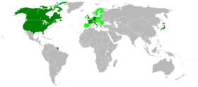 Map of G8 member nations and the European Union.