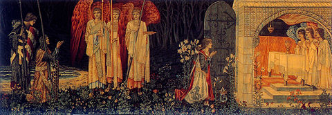 Unlike a typical quest like seeking the Holy Grail of Arthurian legend, Frodo's is to destroy an object, the One Ring. Vision of the Holy Grail by William Morris, 1890 Galahad grail.jpg