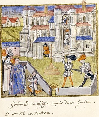 Gundoald surrendering to Guntram Gondoald se refugie aupres du roi Gontran. Il est tue en trahison.jpeg