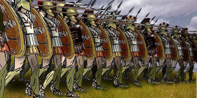 Heavy infantry hoplites of Ancient Greece in phalanx formation