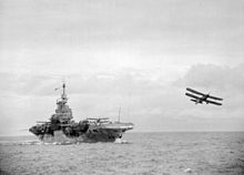 An Albacore just having taken off with two more ranged on deck, 1942 HMS Formidable Fairey Albacores.jpg