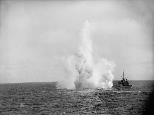 HMS Kite of the 2nd Escort Group conducting a depth charge attack.