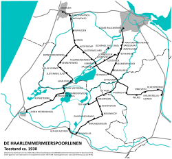 Overview of the network circa 1930. A few smaller stop had already been closed; the temporary track to Schiphol is indicated but was not yet actually in existence. Haarlemmermeerspoorlijnen.svg