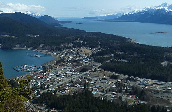 Haines, viewed from the northeast from Mount Ripinsky, with Chilkoot Inlet on the left, Chilkat Inlet on the right, and the Chilkat Peninsula extendin