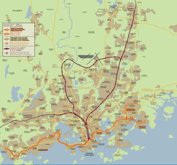 Map of the Helsinki commuter rail network along with the metro line and their planned extensions Helsinki Region rail transport w plans.svg