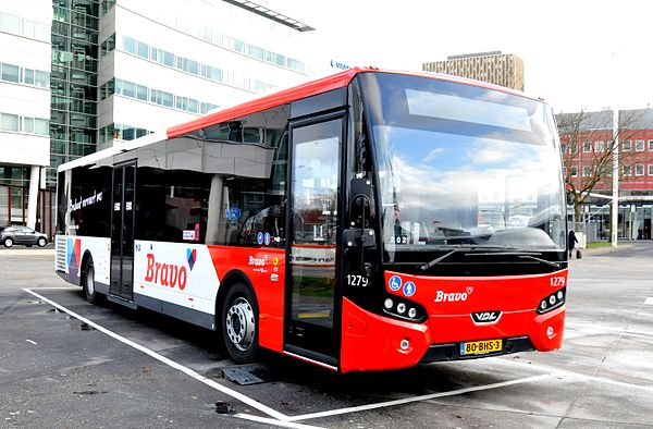 A typical transit bus in Eindhoven, The Netherlands. The floor at the forward section of the vehicle is low to allow for easy entry and egress.