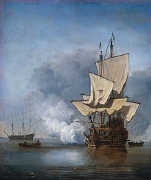 The Cannon Shot (1670) by Willem van de Velde the Younger, showing a late Dutch 17th-century ship of the line Het Kanonschot - Canon fired (Willem van de Velde II, 1707).jpg