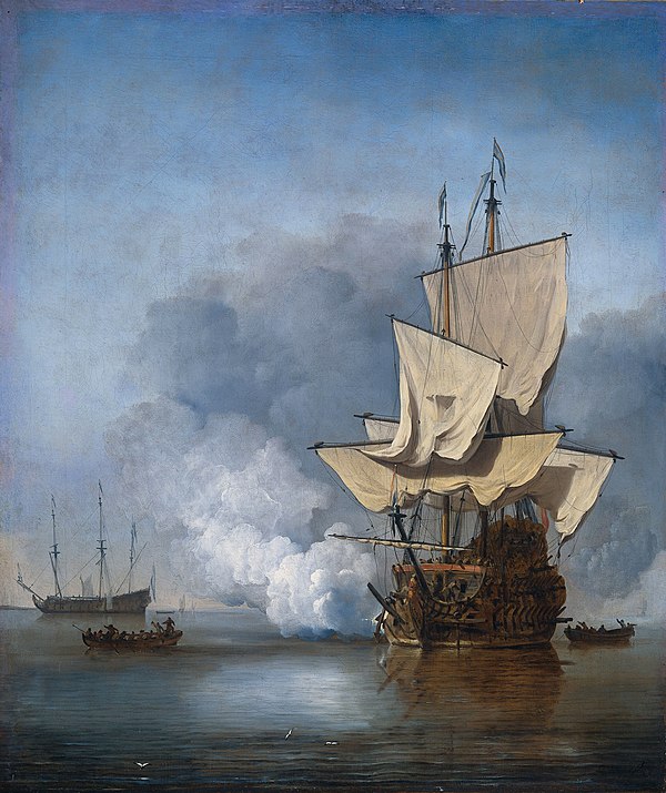 The Cannon Shot (1670) by Willem van de Velde the Younger, showing a late Dutch 17th-century ship of the line