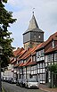 Hildesheim, half-timbered houses on the Lappenberg, view to the Kehrwieder tower