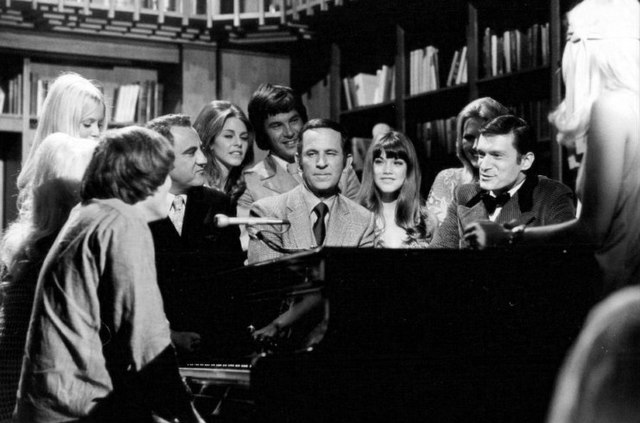 Bill Dana (dark jacket), Don Adams (center), Benton, and Hugh Hefner from the TV program Playboy After Dark