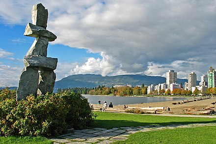 The Inukshuk at English Bay. The inuksuk is one of several pieces of public art on display in Vancouver.