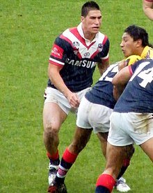 Tamou in action for the Sydney Roosters NYC side against Parramatta in 2008 James Tamou Roosters.jpg