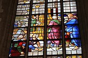 English: Detail of the stained-glass window number 9 in the Sint Janskerk at Gouda, Netherlands: "The annunciation of the birth of John the Baptist"