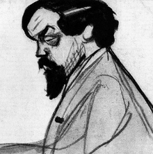Caricature au crayon montrant Debussy de profil.