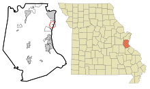 Jefferson County Missouri beépített és be nem épített területek Kimmswick Highlighted.svg