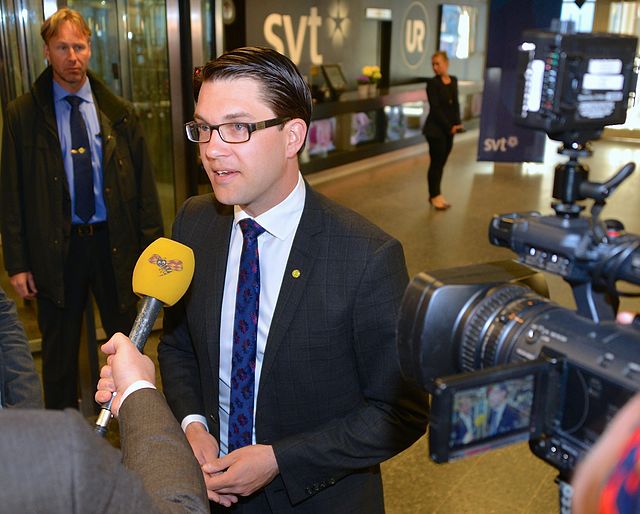 Åkesson being interviewed before an Sveriges Television party-leader debate ahead of the 2014 Swedish general election