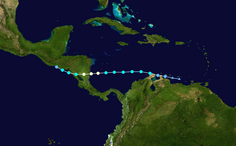 Мапа руху та інтенсивності урагану за шкалою Саффіра-Сімпсона.