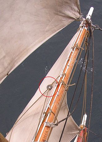 A single deadeye (or bull's eye) used to change the direction of a line, in this case a buntline on Prince William 's fore-topgallant. JungferSee.jpg
