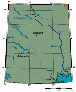 Kalixjoen valuma-alueen pääuoma on itse Kalixjokea pitempi. Pääuoma alkaa järvien yläpuolelta, kun Kalixjoki alkaa vasta järvien jälkeen.