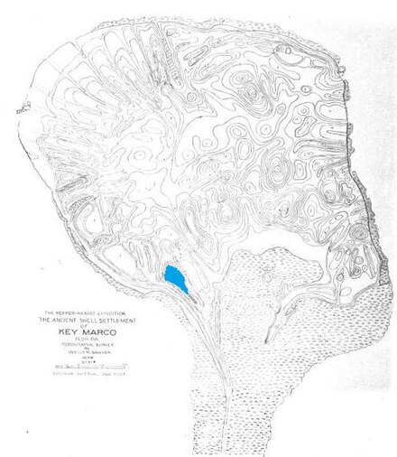 Map of Key Marco with "Court of the Pile Dwellers" marked in blue, from the Pepper-Hearst Expedition report