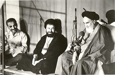 Ruhollah Khomeini in Tehran with Ahmad Khomeini and Mohammad-Ali Rajai.