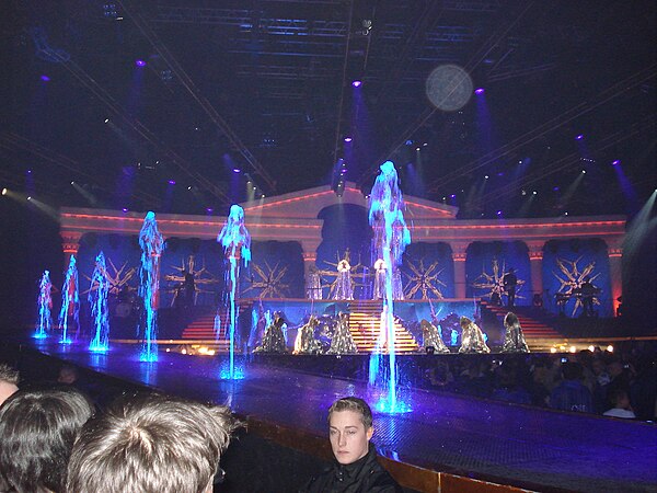 The show paid homage to Greek mythology and culture, with a temple wall and water jets forming its staging.