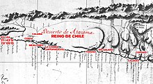 1793 Andres Baleato's map showing the internal border of Chile and Peru in the Loa River during the Spanish Empire. Limite entre Chile y Peru en el rio Loa, Plano General del Reyno de Chile en la America Meridional de Andres Baleato (1793) (Editado).jpg