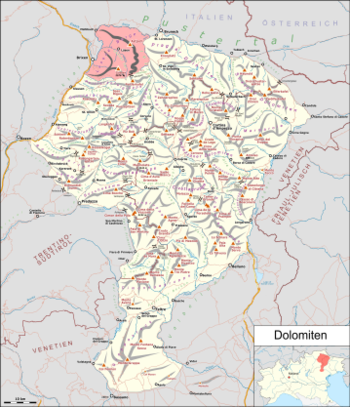 Lüsner Berge in Rot dargestellt auf der Dolomitenkarte