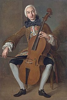 peinture : un homme coiffé d'une perruque joue du violoncelle.