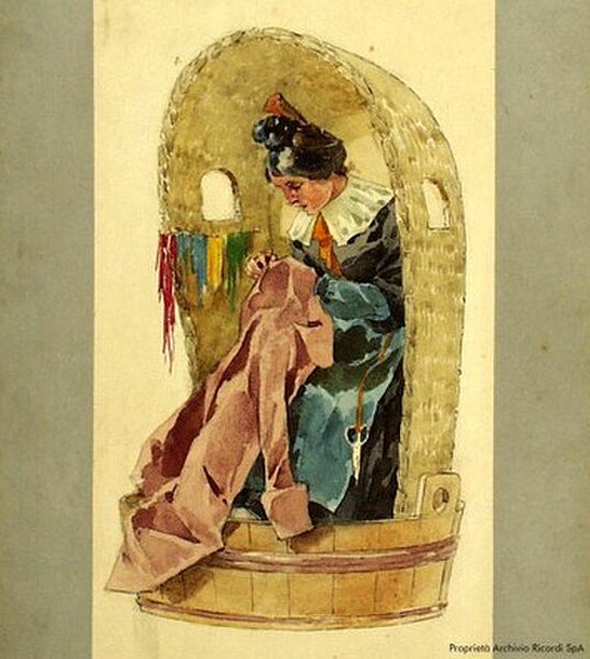 Act 2 costume design for "la rappezzatrice" (the clothes mender) for the world premiere performance.