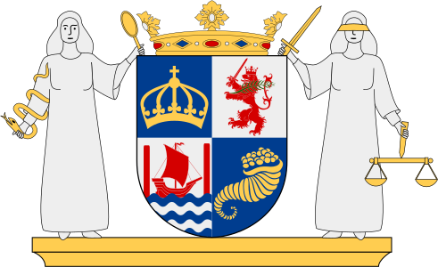 Prudentia and Justitia as supporters in the armorial achievement of Landskrona