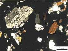 Photomicrograph of thin section of latite (in cross polarised light) Latite nicol incrociati.gif