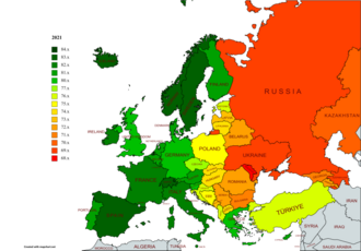 Life expectancy in Europe in 2021 Life expectancy map -Europe -2021 -with names.png