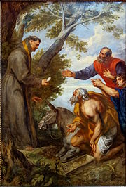 Saint Antoine tend une hostie à la mule qui s'agenouille, négligeant le fourrage qui lui est offert, tandis que l'hérétique met un genoux à terre et que deux croyants laissent éclater leur ferveur.