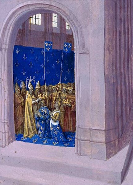 Louis being crowned with his second wife, Clementia of Hungary.